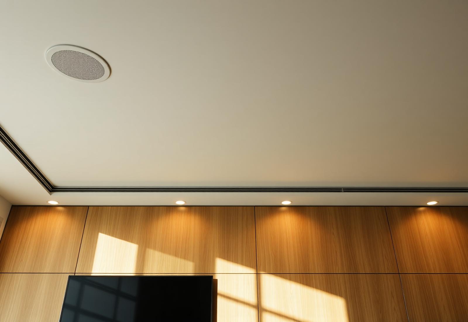 Iluminação e áudio integrados em interior moderno