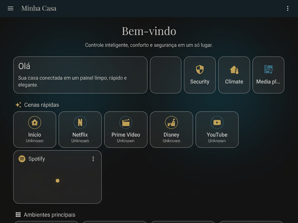 Painel principal Adiuvat com cenas rápidas, atalhos de mídia e controles centrais.